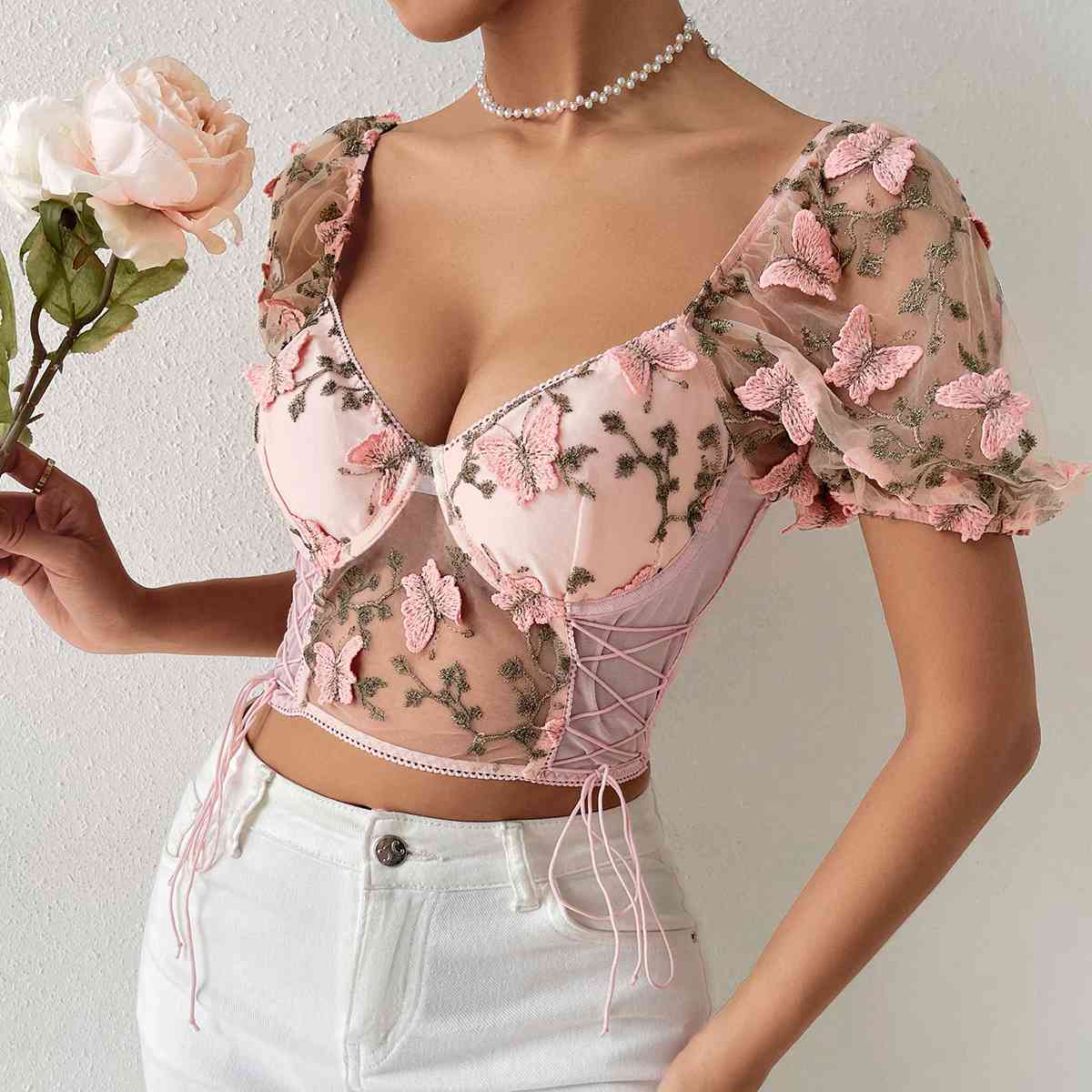 Butterfly Whispers Embroidery Mesh Corset Top