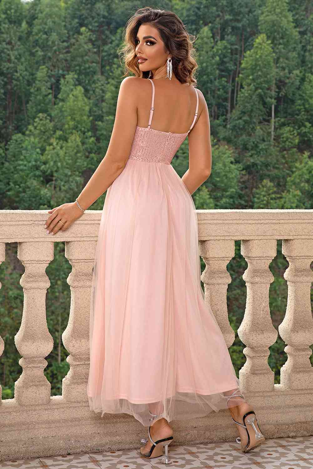 Twinkling Elegance Maxi Slit Glitter Dress with Tulle Hem
