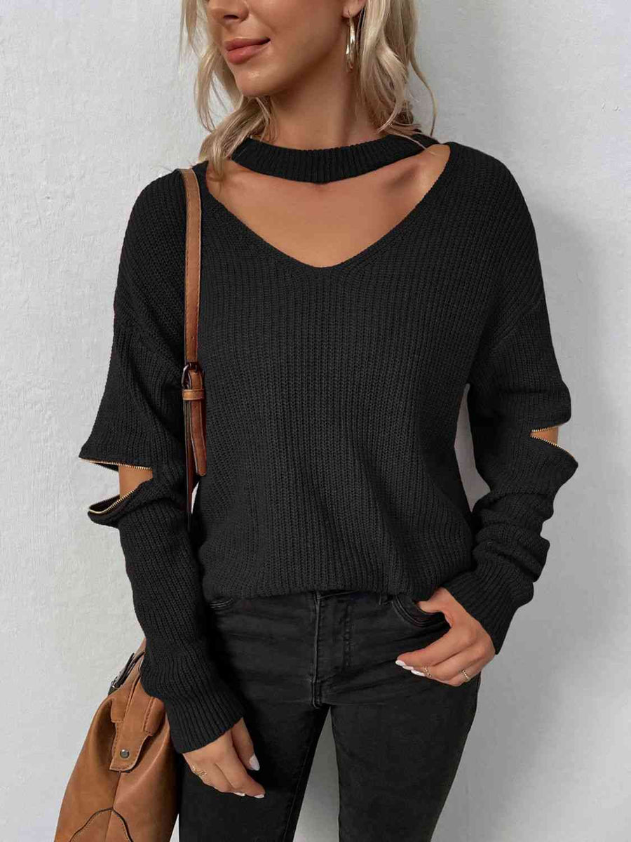 Sleek Seduction Cut-Out Sweater with Zip-Up Detail and Choker – Fleur ...