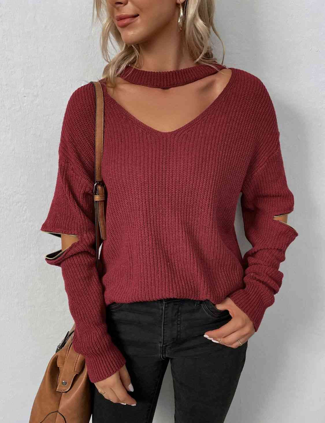 Sleek Seduction Cut-Out Sweater with Zip-Up Detail and Choker