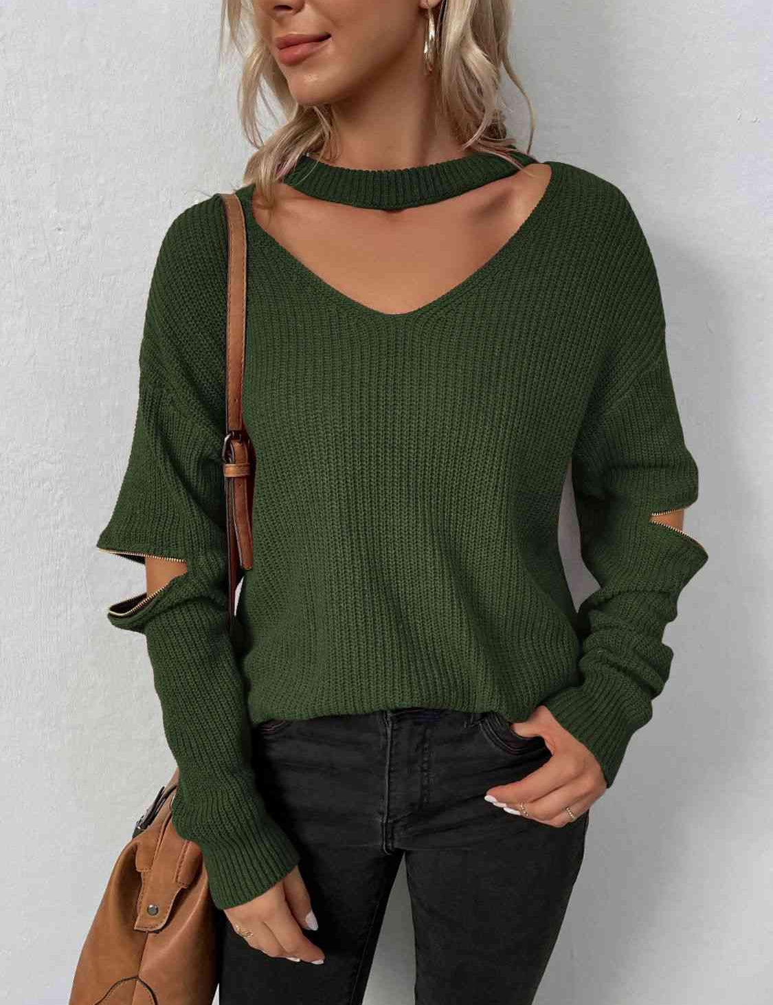 Sleek Seduction Cut-Out Sweater with Zip-Up Detail and Choker