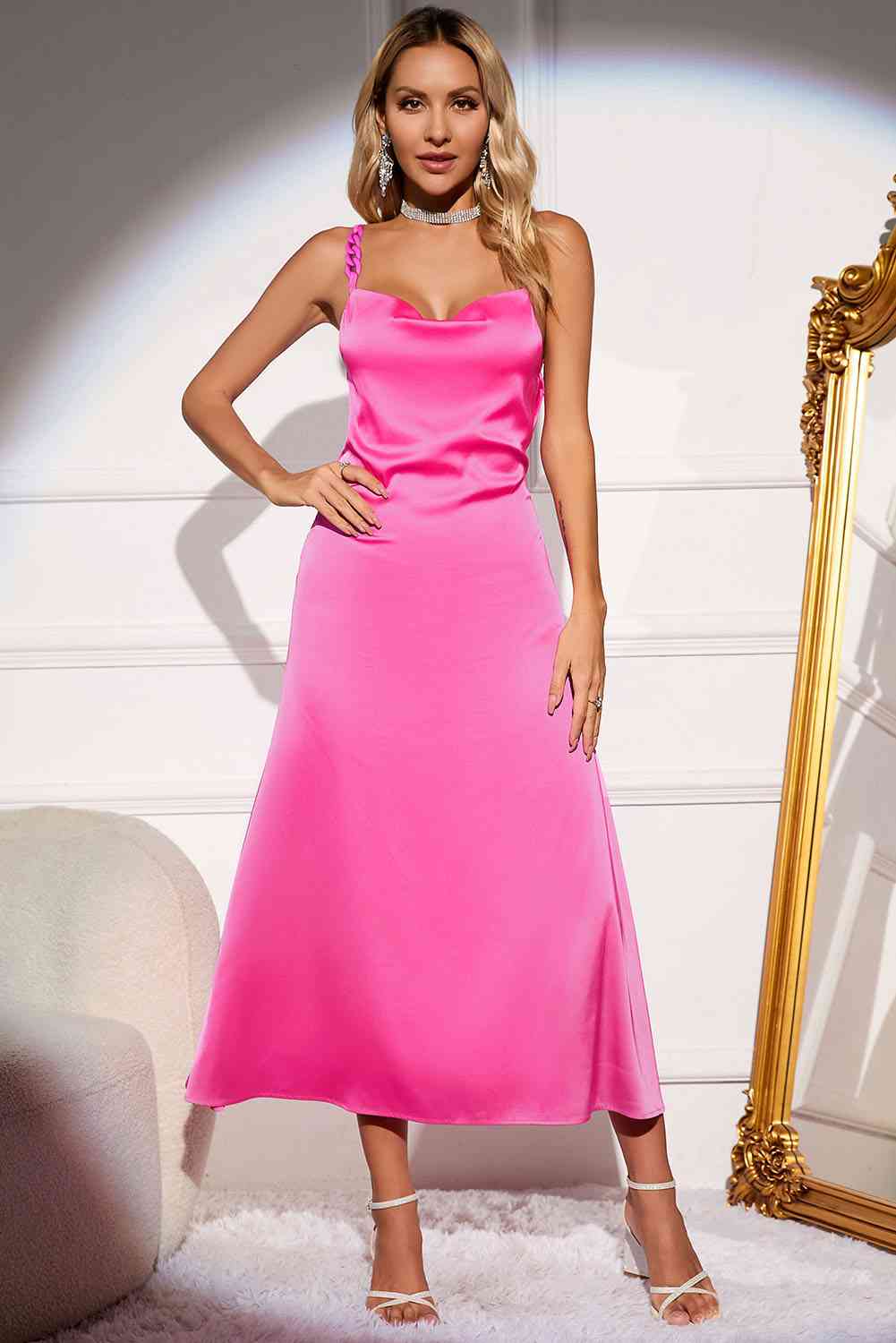 Hot Pink Serenade Backless Satin Maxi Dress