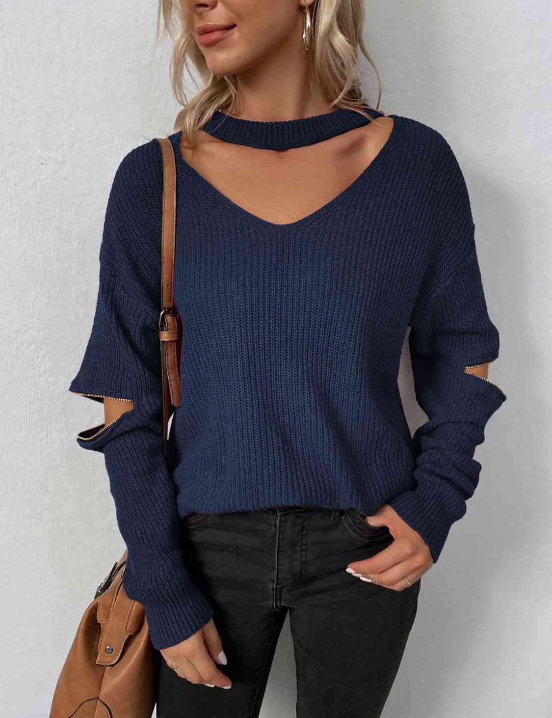 Sleek Seduction Cut-Out Sweater with Zip-Up Detail and Choker